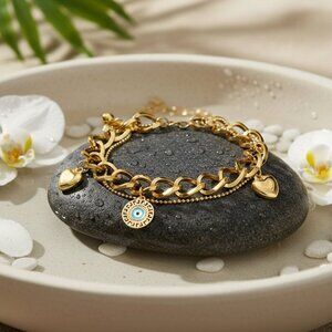 Double Chain 18K Gold Plated Stainless Steel Bracelet with Heart Evil Eye